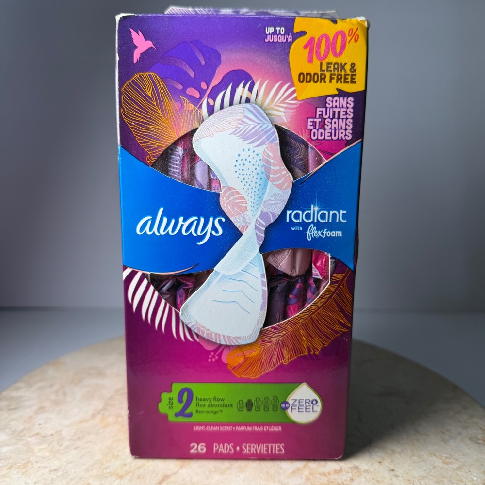 Always Radiant Size 2 Heavy Flow Pads 24ct Purple FlexFoam Wings Neon Vibes